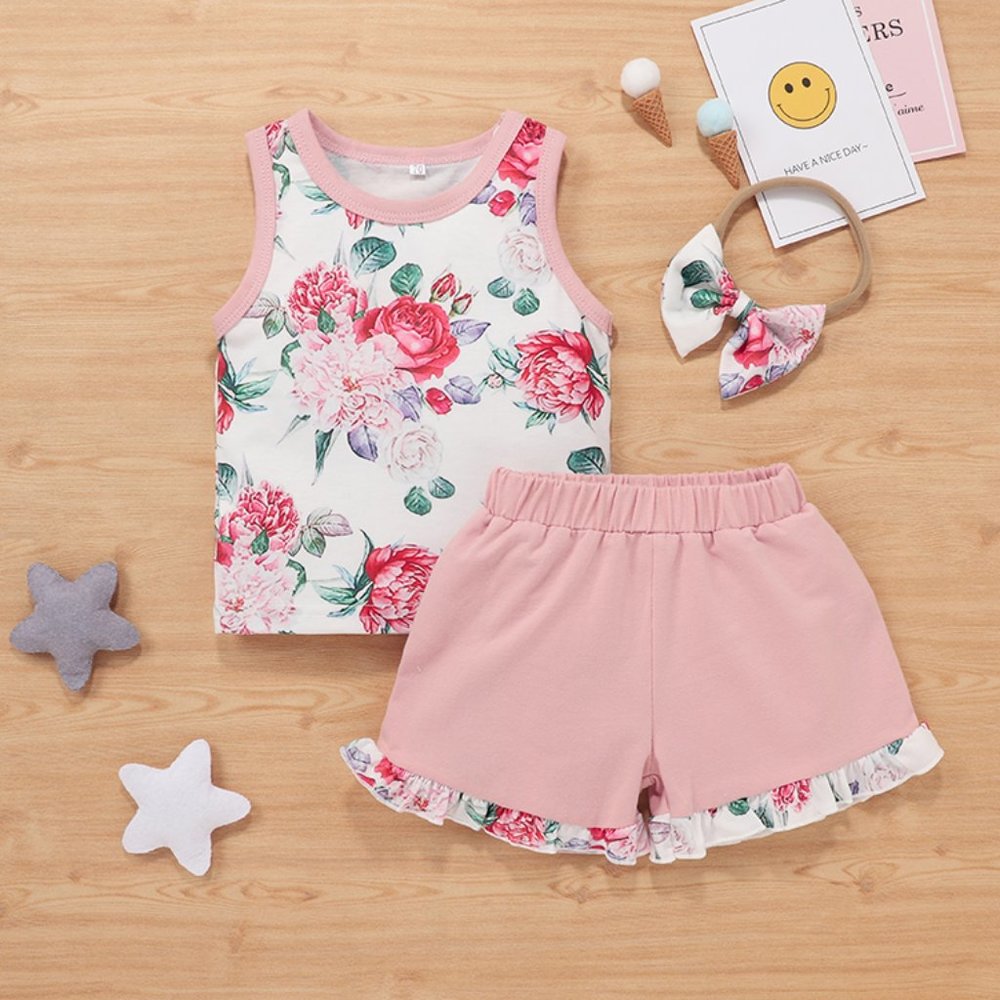 Pink Floral Tank Top, Ruffle Shorts & Headband 3pcs Baby Outfit